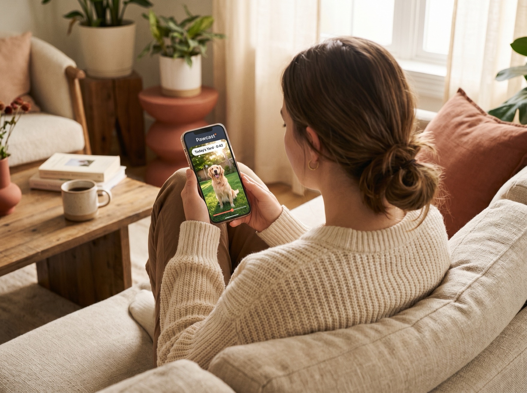 A person on the couch watching their dog's daily Pawcast recap on a phone