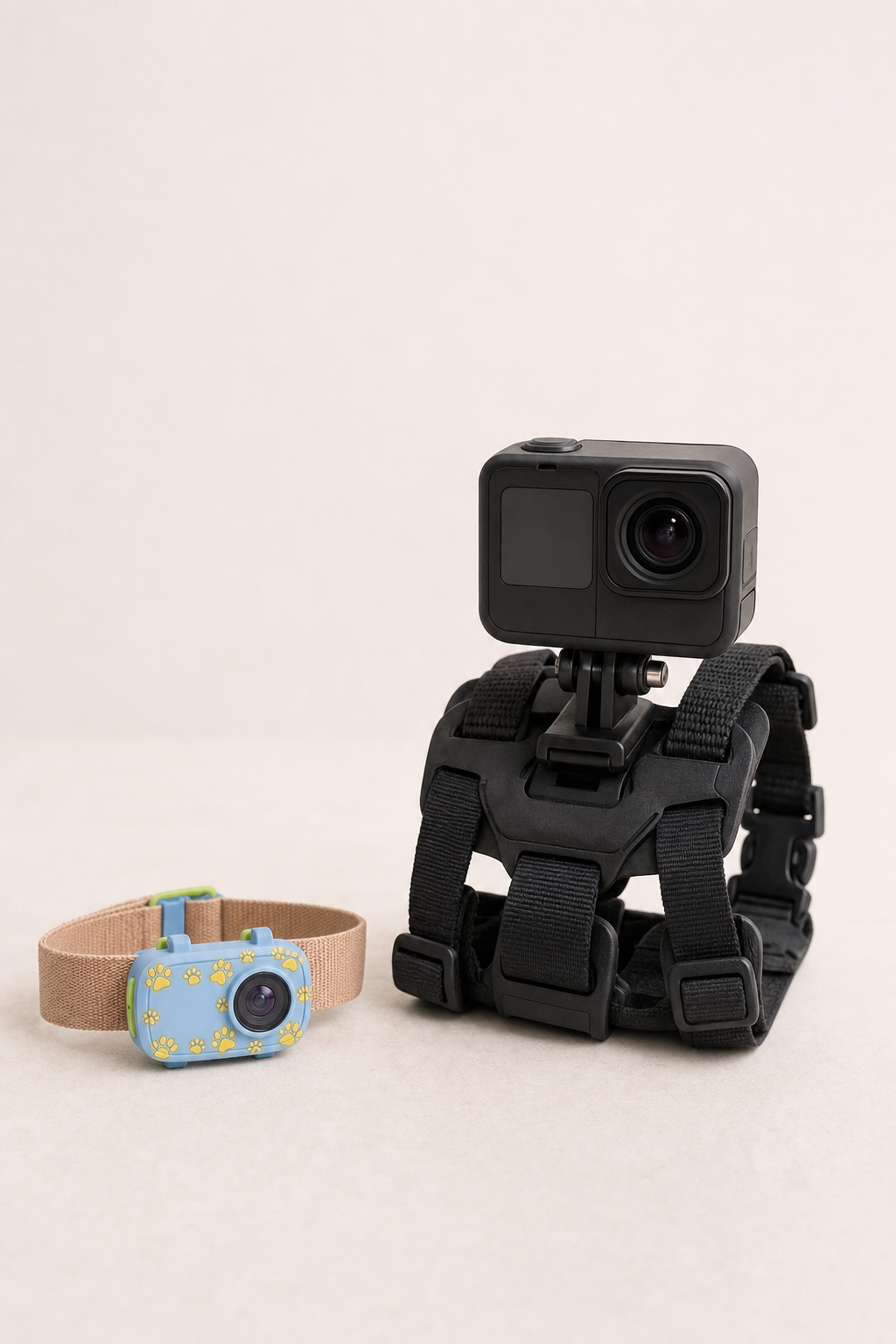 The small Pawcast collar camera next to a bulky rigged action camera, showing the size difference